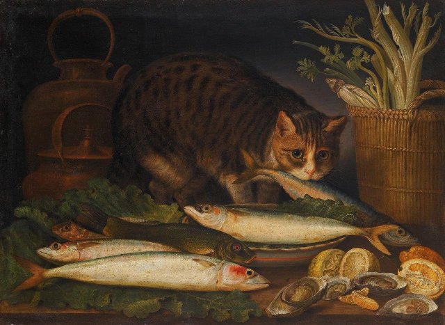 Still-life With a Cat and a Mackerel on a Table Top. Giovanni Rivalta (Italian, 1756-1832).