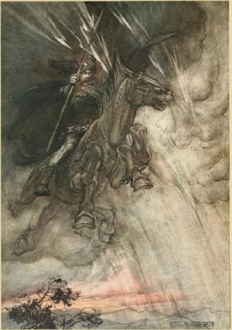 Raging, Wotan, Rides to the Rock. Arthur Rackham (English, 1867-1939).