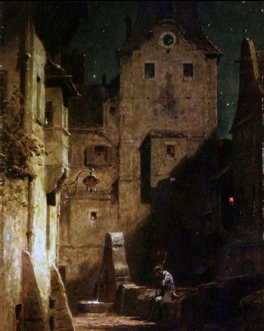 The Night Watchman has Fallen Asleep (1875). Carl Spitzweg (German, 1808-1885).
Don't sleep on your watch.