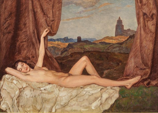 Ernst Liebermann (German, 1869 - 1960) - Liegender Akt vor südlicher Abendlandschaft