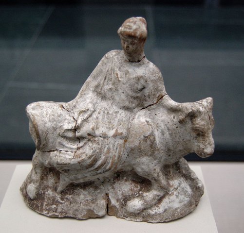 Europa and the Bull, Terracotta figurine from Athens, c. 460–480 BC
The virgin Europa, daughter of Telephassa, after dreaming of a struggle between the two continents for the possession of her, wa