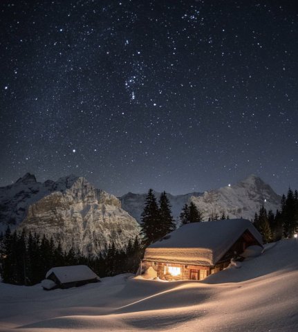 Snowy Swiss Alps Under Stars.
