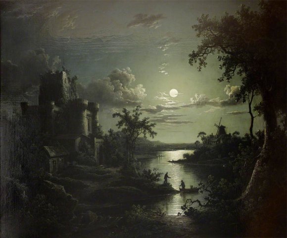 Moonlit River Landscape with a Castle, a Windmill, and Boatmen (1823). Sebastian Pether (British, 1790-1844).
