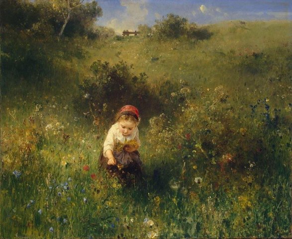 The first of two paintings by German artist Ludwig Knaus (1829-1910): "Girl in a Field"