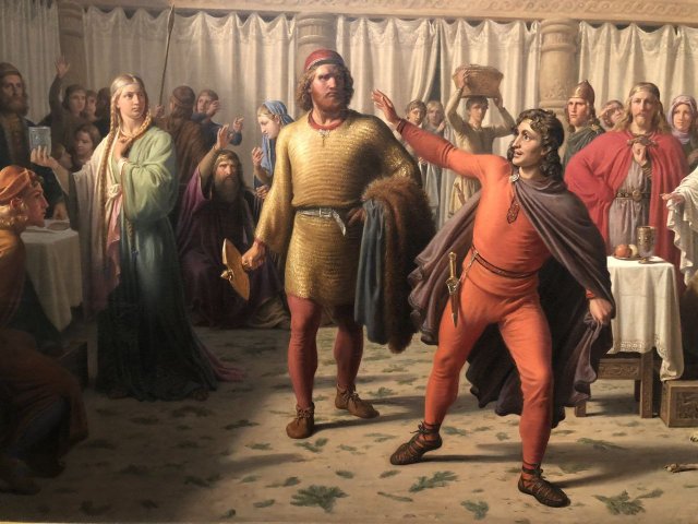 Loki's Wrangling, c. 1840-50. Constantin Hansen (Danish, 1804-1880).
The scene illustrates a scene from the Poetic Edda, where Thor, in the centre, threatens to knock Loki's head off if he continues