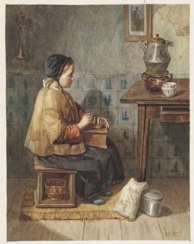 Meisje Zittend op een Stoof (Girl Sitting on a Stove). Joseph de Groot (Dutch, 1838-1899).