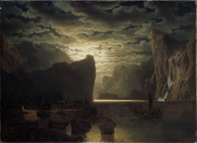 Norwegian Fjord in Moonlight. Motif from the Sogne-Fjord. Marcus Larson (Swedish, 1825-1864).