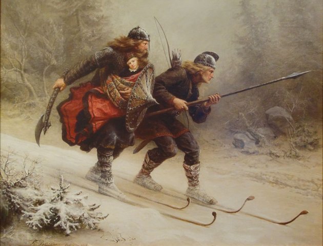 Skiing Birchlegs Crossing the Mountain With the Royal Child (1869). Knud Bergslien (Norwegian, 1827-1908).