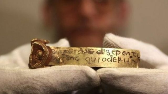 Inscribed gold strap from the Staffordshire, Anglo-Saxon Hoard (from c. 6-7th century AD).