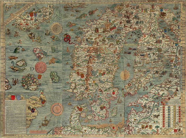Carta marina, a wallmap of Scandinavia, by Olaus Magnus (Swedish writer and cartographer, 1490-1557).