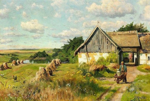 A Farmer With a Milk Can in a Wheelbarrow Outside a Thatched House. Peder Mønsted (Danish, 1859-1941).