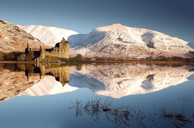 Kilchurn Castle alongside a calm Loch Awe in winter. Scotland.