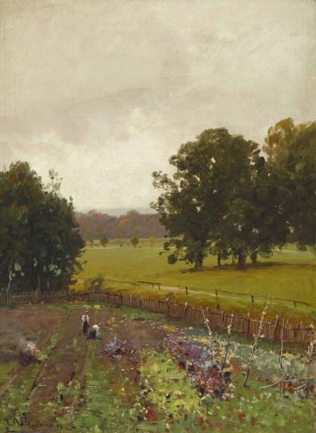 Gemüsegarten mit zwei Bäuerinnen (Vegetable Garden with Two Peasant Women) (1908). Ludwig Willroider (Austrian, 1845-1910).