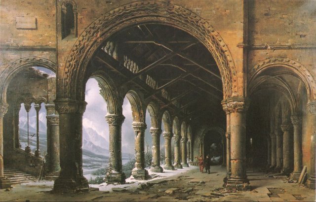 The Effect of Fog and Snow Seen Through a Ruined Gothic Colonnade (1826). Louis Daguerre, inventor of daguerreotype photography (French, 1787-1851).