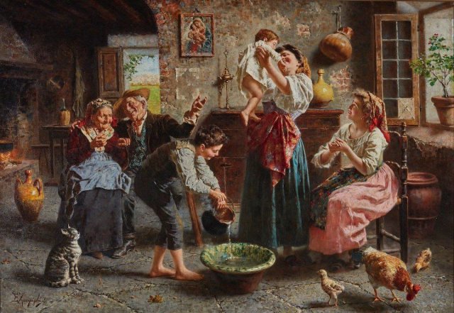 Bathing the Baby. Eugenio Zampighi (Italian, 1859-1944).