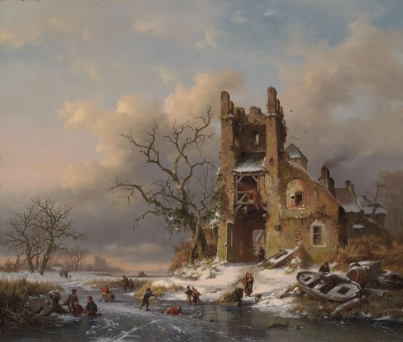 __A winter scene with skaters on a frozen waterway__ (1858) by Dutch Romantic landscape painter Fredrik Marinus Kruseman