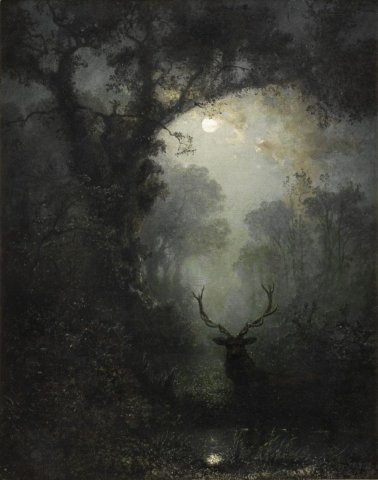 Red Deer in Moonlight Landscape. Eugen Krüger (German, 1832-1876).