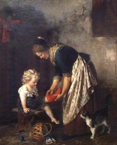 The Red Sock - Mother Dressing Her Child. Rudolf Epp (German, 1834-1910).