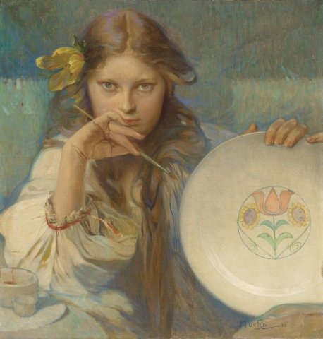 Girl Painting a Folk Motif (1920). Alphonse Mucha (Czech, 1860-1939).