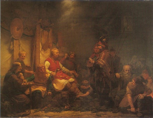 Johan August Malmstrom’s 1857 painting King Ælla’s Messenger Before Ragnar Lodbrok’s Sons depicts the arrival of the news of Loðbrók’s death at the Danish court.
