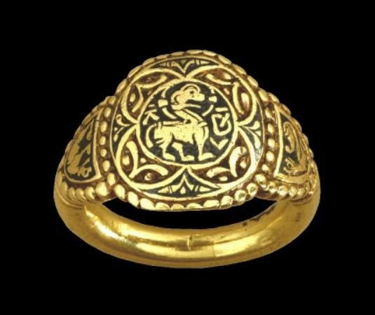 The owner of this ring was Æthelswith, Queen of Mercia (855-89 AD), and sister of Alfred the Great. It was found at Aberford in West Yorkshire, England.