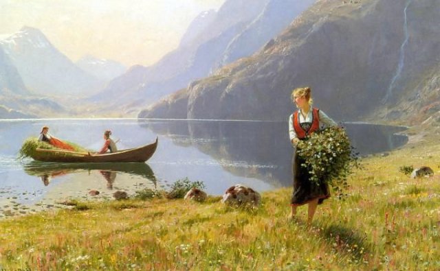 On the Banks of the Fjord (c. 1900). Hans Dahl (Norwegian, 1849-1937).