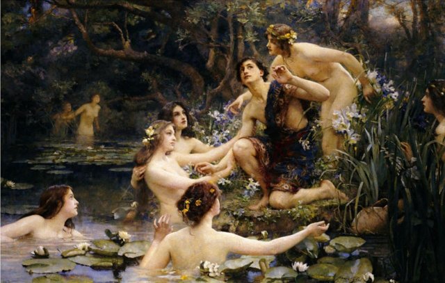 Hylas and the Water Nymphs (c.1909) by Henrietta Rae (1859-1928). Hylas was lured into the water & lost forever. It may be his mouth was held underwater to stifle his screams for Heracles. Possible fa