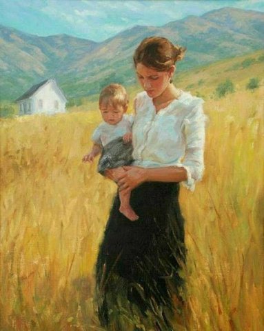 Young Frontiers Woman With Her Small Child. Trent Gudmundsen (Contemporary American artist).