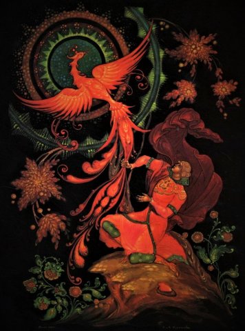 In Russian folklore, the firebird is a magical bird with golden feathers and the object of the hero’s quest. In one tale, after stealing golden apples from the tsar’s garden, it is chased by Princ