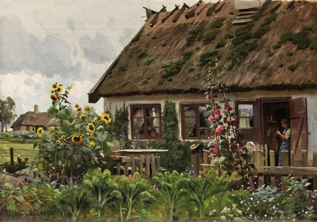 Girl Knitting in the Doorway (1909). Peder Mørk Mønsted (Danish, 1859-1941).